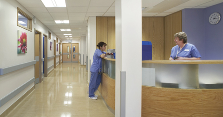 Vinyl sheet flooring with sealed joints and coved skirting makes floor cleaning easy; Picture courtesy Hufton + Crow