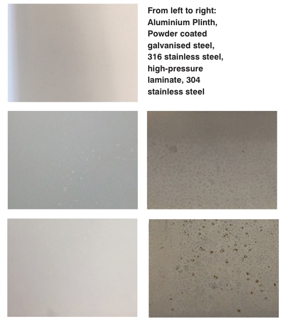 Figure 2: The residues left by Contec ProChlor look very different on different surfaces