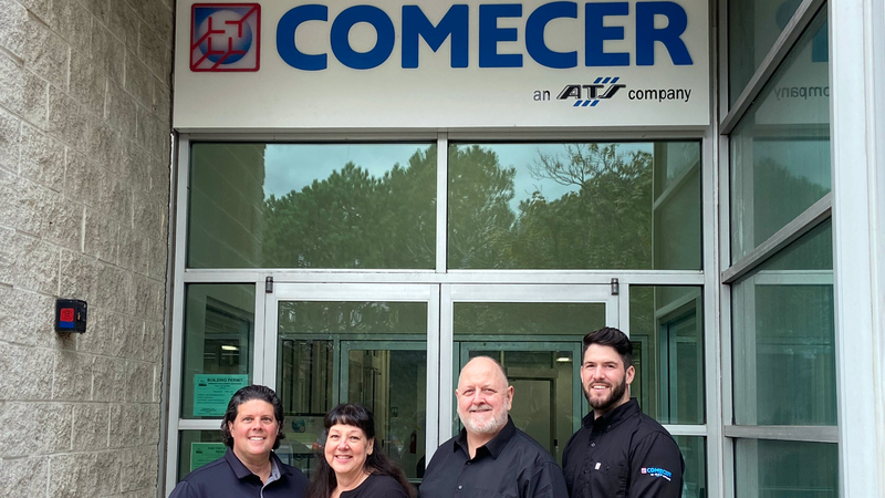 From left to right is: Chad Rhodes, Pharma Sales Manager; Norma Boyette, Sales and Service Administrator; Bill Guilfoile, Director of Comecer North America; and Dominic Silvestri, Radiopharma Sales Manager