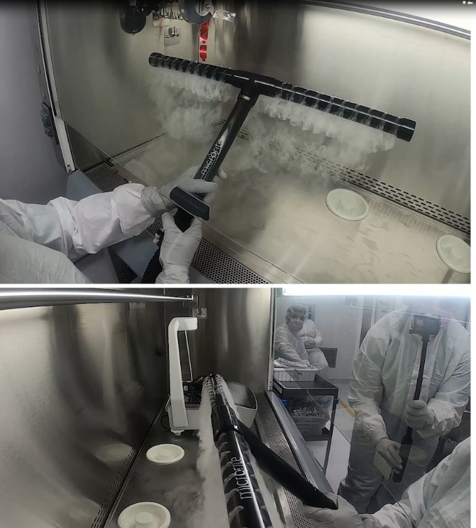 Two camera angles shot simultaneously during AVS of a biosafety cabinet