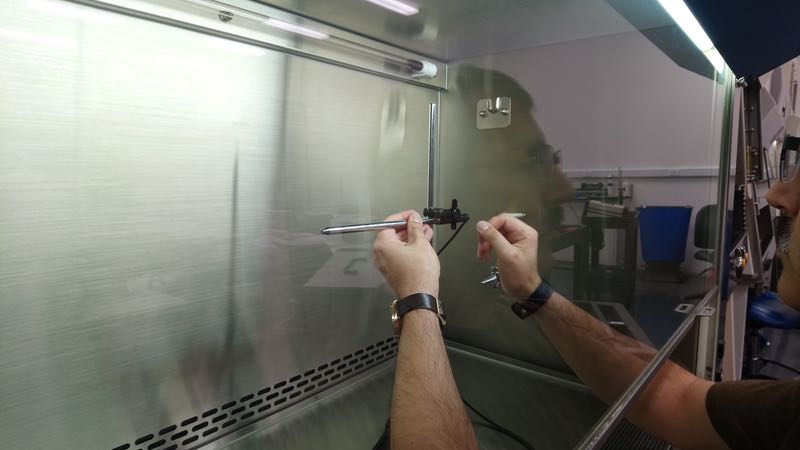 Preparing the downflow speed test in a new cabin: the air measurement probe<br> should be held rigidly in a freestanding fixture (ring-stand and clamp)