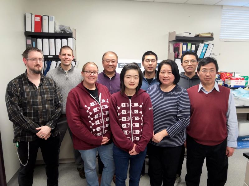 Kansas State University researchers who helped develop a faster, more efficient way to detect Shiga toxin-producing E. coli in ground beef include Colin Stoy, technician; Lance Noll, senior scientist; Elizabeth Porter, lab manager; Jianfa Bai, professor of molecular research and development; Yin Wang, doctoral student in pathobiology; Junsheng Dong, visiting scholar; Nanyan Lu, bioinformatician; and Cong Zhu, pre-Doctor of Veterinary Medicine student; and Xuming Liu, research assistant professor. Photo KSU News
