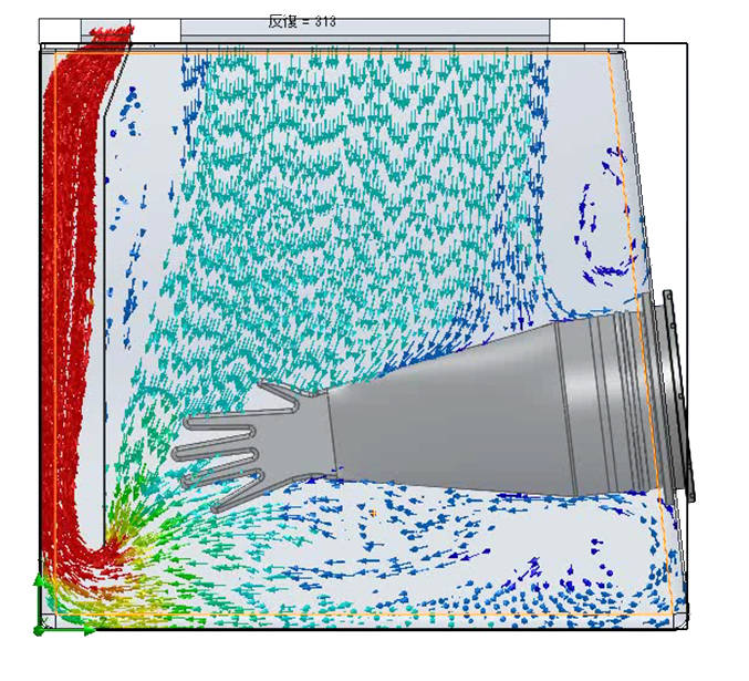 CFD image showing variable and poor airflow over and around isolator manipulation gloves