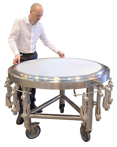 1m<sup>2</sup> scalping filter plate, fitted with castors to be wheeled easily