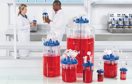 BioBLU single-use vessels from Eppendorf come in a range of sizes from 65mL to 40L working volume