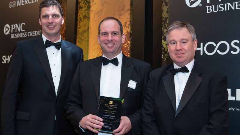 Lichfield’s team took home top prizes at 2019's BVCA Yorkshire & North East Management Team Awards. Pictured is Ian Lichfield and Dan Rosinke of awards' sponsor Grant Thornton, and Owen Trotter, Managing Partner of Key Capital Partners who chaired the judging panel