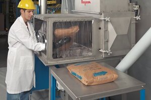 Bag dumping system includes glove box, compactor and conveyor