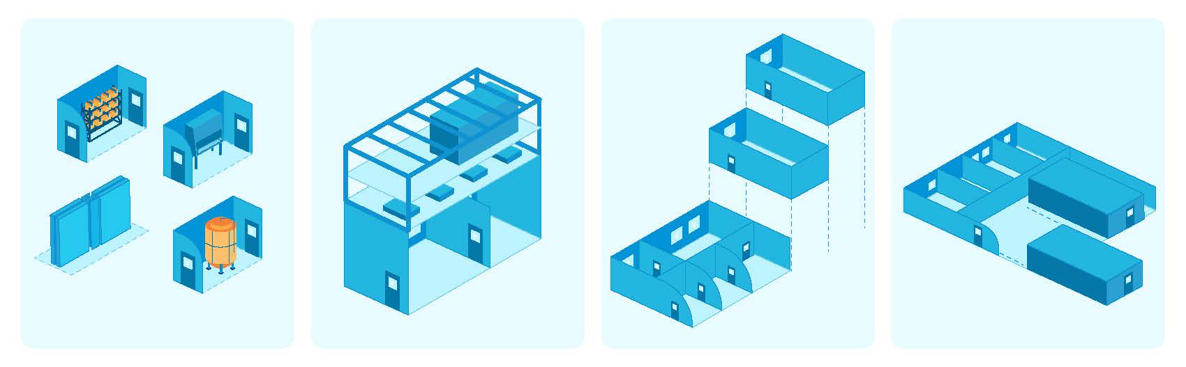 Figure 1: L-R: Panellised cleanroom elements; Modular and standardised